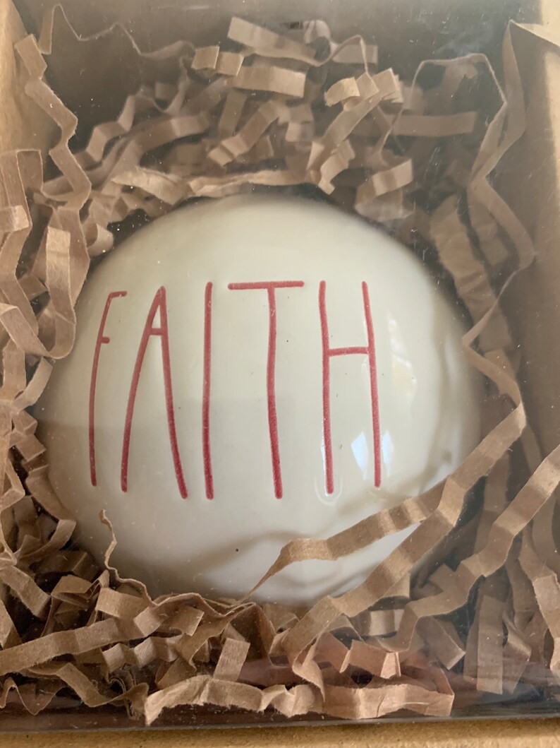 Rae Dunn Rejoice, Faith, Amen Christmas Ornaments Set of 3 Red & White Round Ceramic Holiday