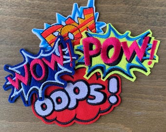 Embroidered Comic Book Sound Effect Patches, POW WOW OOPS Iron On Set