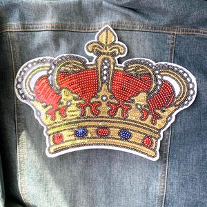 Sequin Crown Patch Iron On, Red Gold King Crown Applique, Statement Jacket Patch
