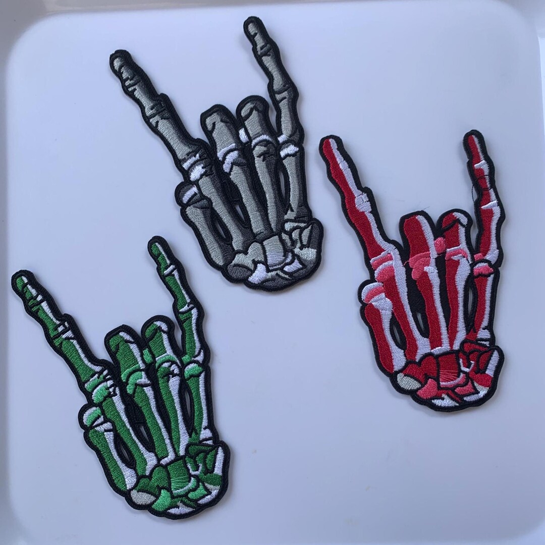 Skeleton Hand Rock-on Iron-on Patch | Large Embroidered ASL “I Love You ...