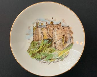 Plato de recuerdo vintage del Castillo de Edimburgo, Escocia / Plato de coleccionista escocés con borde dorado / Decoración del hogar