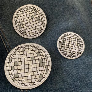 Disco Ball Patch Set – 3 Silver Glitter Embroidered Iron-On Patches for Holiday Jackets, Bags & DIY, 3 Sizes | Shimmering Mirror Ball Design