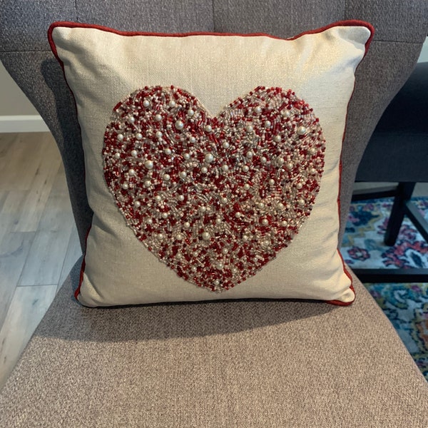 NEW Beaded Heart Valentines Day Pillow, gorgeous beading red, white, silver, pearls Pier One