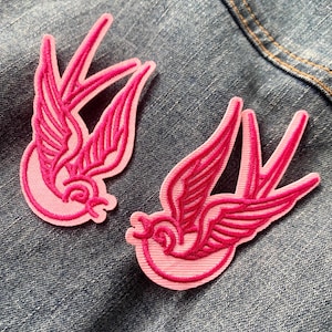 Pink Swallow Embroidered Patches: Tattoo Style Iron-On Appliques (Set of 2)