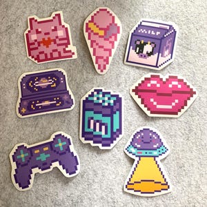 50 Pack Retro Pixel Vinyl Stickers – Kawaii Vaporwave & Gamer Aesthetic Decals | Cute Laptop, Water Bottle, Journal and Scrapbook Stickers