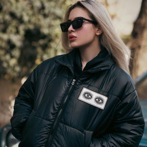 Embroidered Eyes Patch – Large Vintage Black & White Iron-On Applique