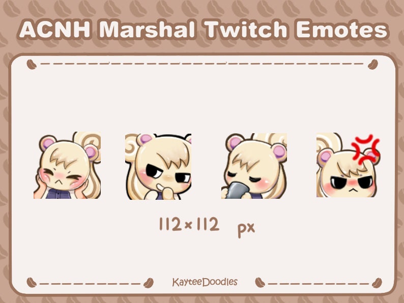 Może przedstawiać: Cztery r&oacute;żne emotki Twitch z Marshallem z Animal Crossing: New Horizons. Emotki mają rozmiar 112 x 112 pikseli i przedstawiają Marshalla z r&oacute;żnymi wyrażeniami twarzy, w tym rumieńcem, uśmiechem, piciem i gniewem.