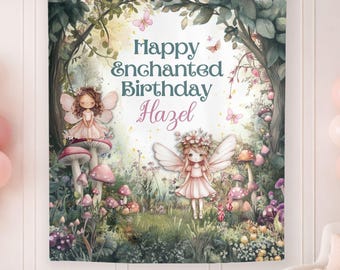 Enchanted Forest Party Backdrop, Happy Birthday Banner, Personalized Woodland Fairy Birthday Banner, Magical 4th Birthday Decor