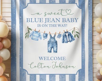 Blue Jean Baby Announcement Wall Tapestry, Baby Shower Banner, Personalized baby welcome sign, gender reveal backdrop, boy nursery gift