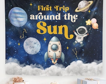 First Trip Around the Sun Birthday Banner Backdrop, Outer Space birthday sign, Houston we have a One year old party banner, astronaut decor