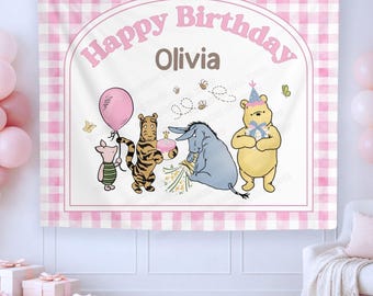 Happy Birthday Party Banner, Classic Bear Birthday Banner, Birthday Backdrop, Personalized Birthday Tapestry, Beary 1st Birthday Party Decor