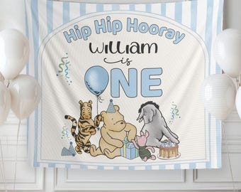 Classic Bear Birthday Banner, 1st Birthday Backdrop, Personalized Birthday Tapestry, Classic Honey Bear Party Decor, Hip Hip Hooray Birthday