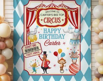 Personalized Circus Birthday Banner, 1st & 2nd Birthday Party Backdrop, Carnival Big Top Decor, Happy Birthday Banner Wall Tapestry