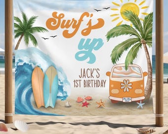 Surf's Up Birthday Banner Wall Tapestry | The Big One 1st Birthday Beach Backdrop | Seaside Birthday, Tropical party decor, Coastal Birthday