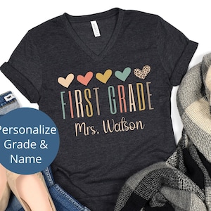Personalized Kindergarten Teacher Shirt V-Neck tee, Kinder Crew Teaching Shirts, Back to School, Cute First Grade 2nd 3rd 4th Grade Tshirts