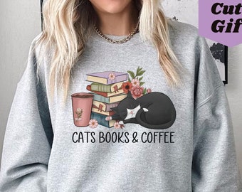 Cats and Coffee crewneck, Retro Coffee Shirt, Vintage Cat book lover sweatshirt, cat lover gift,coffee and cats gift for mom,Womens reading