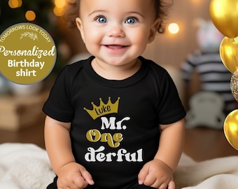 Mr. Onederful Birthday Shirt, 1st Birthday Boy, Personalized Boys First Birthday, Gold Crown Birthday, Matching family, mommy and me shirts