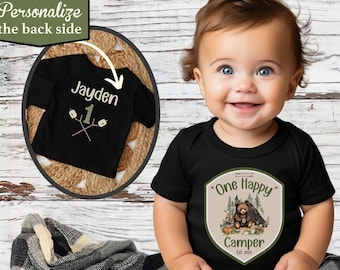 One Happy Camper, First Birthday tee, personalize print on back of shirt, Camping 1st Birthday Outfit, Camping Party, Matching Family Shirts