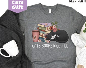 Cats and Coffee tee, Retro Coffee Shirt, Vintage Cat Shirt, book lover shirt, cat lover gift,coffee and cats gift for mom,Womens reading tee