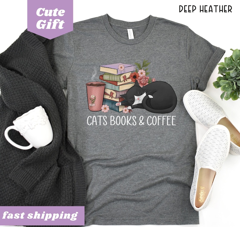 Cats and Coffee tee, Retro Coffee Shirt, Vintage Cat Shirt, book lover shirt, cat lover gift,coffee and cats gift for mom,Womens reading tee Deep Heather