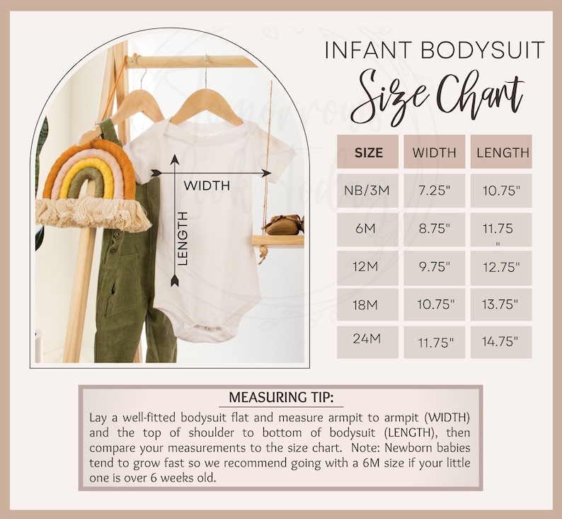 May include: A size chart for infant bodysuits with measurements in inches. The chart shows the width and length of bodysuits in sizes NB/3M, 6M, 12M, 18M, and 24M. A measuring tip is included to help determine the correct size.