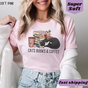 Cats and Coffee tee, Retro Coffee Shirt, Vintage Cat Shirt, book lover shirt, cat lover gift,coffee and cats gift for mom,Womens reading tee Soft Pink