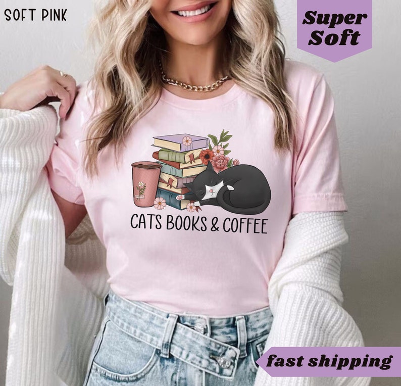 Cats and Coffee tee, Retro Coffee Shirt, Vintage Cat Shirt, book lover shirt, cat lover gift,coffee and cats gift for mom,Womens reading tee Soft Pink
