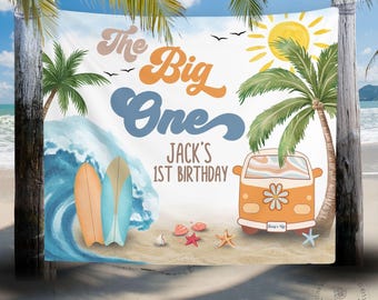 The Big One Birthday Banner Wall Tapestry | Surf's Up 1st Birthday Beach Backdrop | Seaside Birthday, Tropical party decor, Summer Birthday