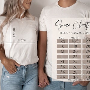 May include: Size chart for Bella + Canvas 3001 t-shirts, showing width and length measurements in inches for sizes XS to 4X.