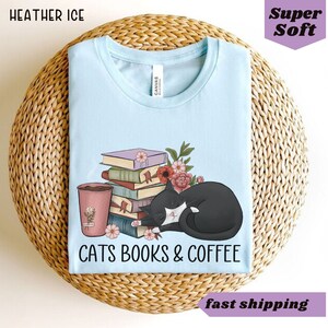 Cats and Coffee tee, Retro Coffee Shirt, Vintage Cat Shirt, book lover shirt, cat lover gift,coffee and cats gift for mom,Womens reading tee Heather Ice Blue