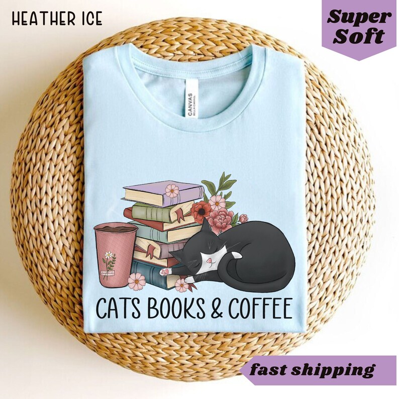 Cats and Coffee tee, Retro Coffee Shirt, Vintage Cat Shirt, book lover shirt, cat lover gift,coffee and cats gift for mom,Womens reading tee Heather Ice Blue