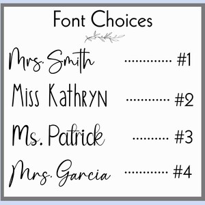 May include: A list of four different font choices for names, with each font style numbered 1 through 4. The fonts are all cursive and handwritten.