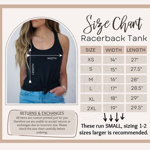 May include: Size chart for a racerback tank top with measurements in inches. The chart shows the width and length of the tank top in sizes XS to 2XL. The text states that the tank top runs small and recommends sizing up 1-2 sizes.