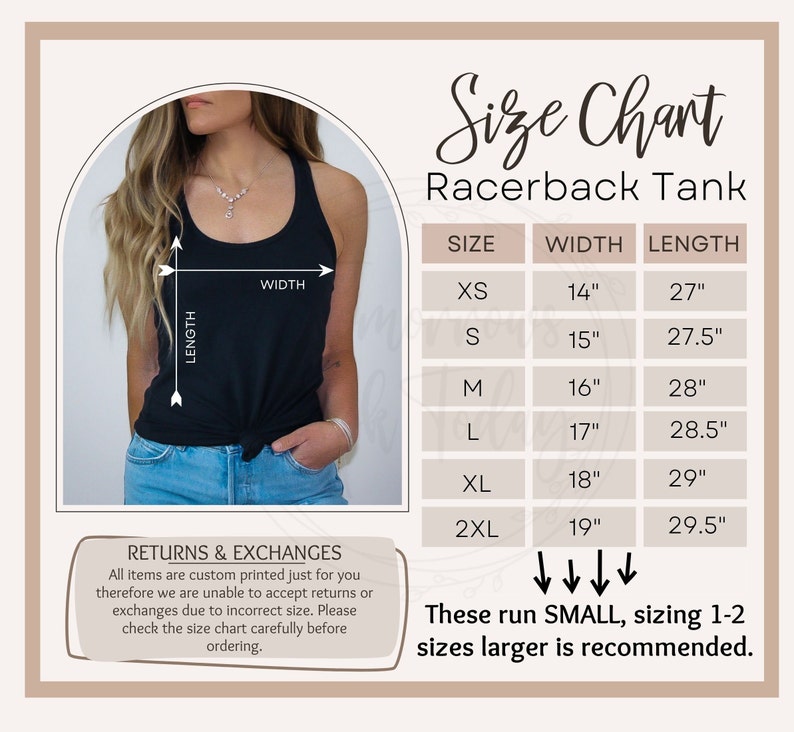 May include: Size chart for a racerback tank top with measurements in inches. The chart shows the width and length of the tank top in sizes XS to 2XL. The text states that the tank top runs small and recommends sizing up 1-2 sizes.