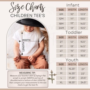 May include: Size chart for children's t-shirts with measurements in inches. The chart includes sizes for infant, toddler, and youth. The chart shows width and length measurements for each size.