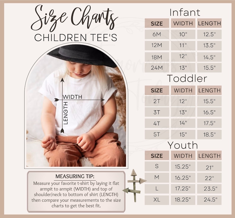 May include: Size chart for children's t-shirts with measurements in inches. The chart includes sizes for infant, toddler, and youth. The chart shows width and length measurements for each size.