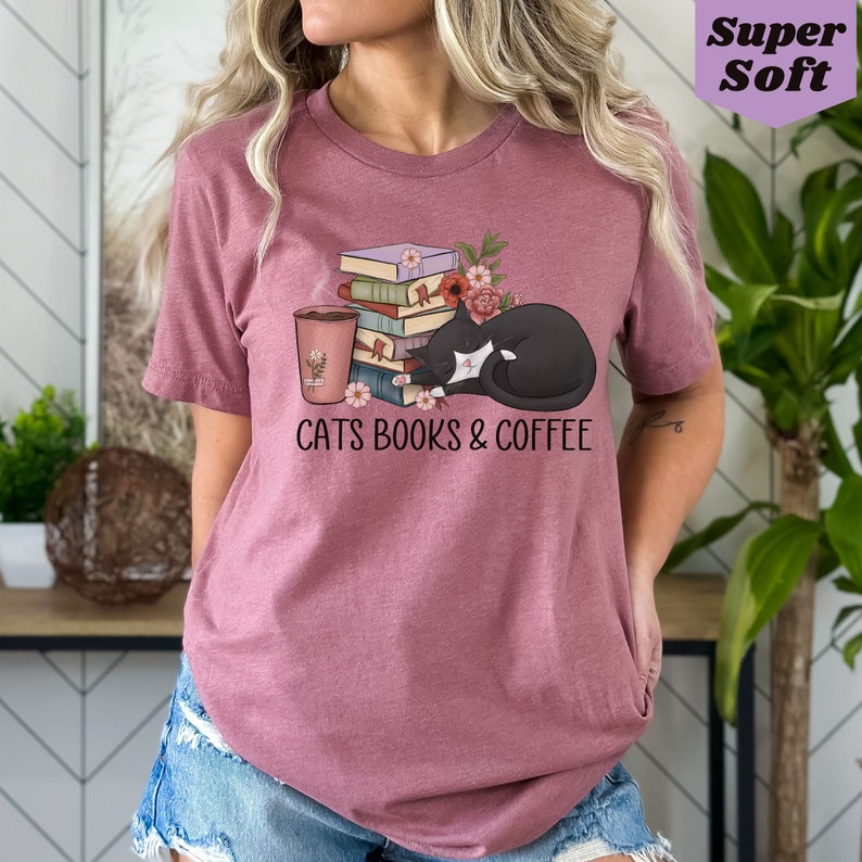 Cats and Coffee tee, Retro Coffee Shirt, Vintage Cat Shirt, book lover shirt, cat lover gift,coffee and cats gift for mom,Womens reading tee Heather Mauve