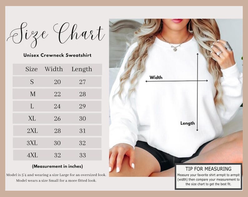 May include: Size chart for a unisex crewneck sweatshirt. The chart shows the width and length measurements in inches for sizes S through 4XL. The model is wearing a size Large for an oversized look and a size Small for a more fitted look.