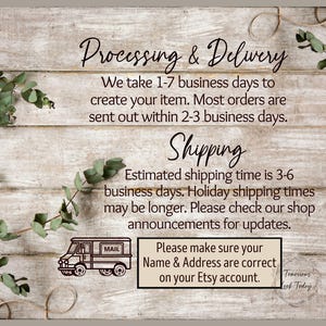 May include: A graphic with text that reads "Processing & Delivery" and "Shipping". The text explains that orders take 1-7 business days to create and are shipped within 2-3 business days. The estimated shipping time is 3-6 business days. The graphic also includes a small illustration of a mail truck.