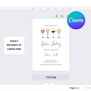 May include: A watercolor illustration of five wine glasses with different colored wine. The text reads "Please join us for a Wine Tasting Honoring the bride to be Jessica Smith August 17th at 3 PM 123 Wine Street Napa, CA Please RSVP by August 1st | 123-444-5656"