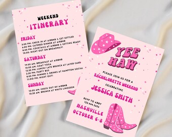 Könnte beinhalten: Rosa-weiße Einladung mit einem rosafarbenen Cowboyhut und Stiefeln. Der Text lautet "Yee Haw! Bitte schließen Sie sich uns zu einem Junggesellinnenabschied für Jessica Smith an. Nashville, 6.-8. Oktober."