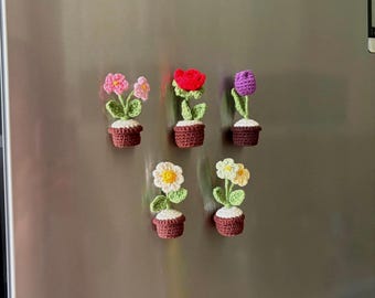Patrón de imán de nevera con flores de crochet: margarita, tulipán, rosa y nomeolvides (patrón PDF)