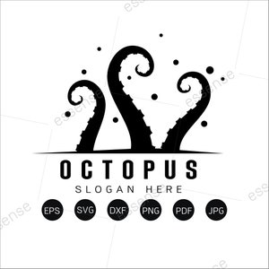 May include: Black and white logo design of an octopus with three tentacles. The text "Octopus" and "Slogan Here" are below the image. The logo is surrounded by small white dots.