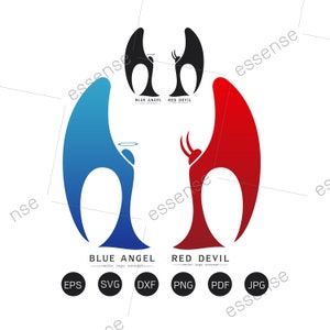 Könnte beinhalten: Ein Logo-Design mit einem blauen Engel und einem roten Teufel. Der Engel hat einen Heiligenschein und der Teufel Hörner. Der Text "Blue Angel" und "Red Devil" befindet sich unter den Figuren.