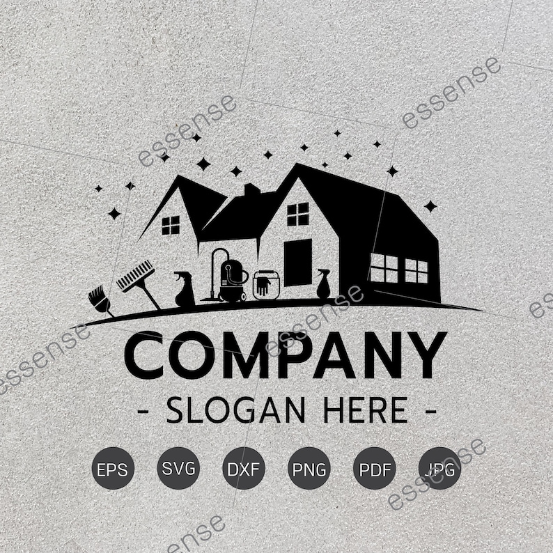 Pu&ograve; includere: Logo in bianco e nero per un'azienda di pulizie. Il logo presenta una casa con prodotti per la pulizia di fronte ad essa. Il testo "COMPANY - SLOGAN HERE -" &egrave; sotto l'immagine. Il logo &egrave; circondato da stelle.