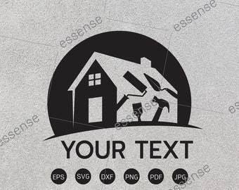 May include: Black and white logo design featuring a house with a hammer, paintbrush, and paint can. The text "YOUR TEXT" is below the logo. The logo is on a gray background.