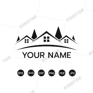May include: Black and white logo design featuring a row of houses with a curved line underneath. The text "YOUR NAME" is centered below the houses.