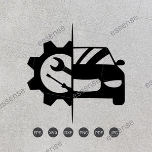 May include: Black and white silhouette of a car with a gear and wrench inside. The car is split in half with the gear and wrench on the left side and the car on the right side. The image is on a gray background with the words "essense" in white.