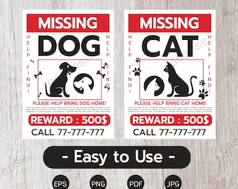 Lost cat & dog.Reward for the find.Missing poster. Lost pet poster. Missing Dog, Missing Cat Template,Missing Dog Flyer, Flyer  Lost Pet