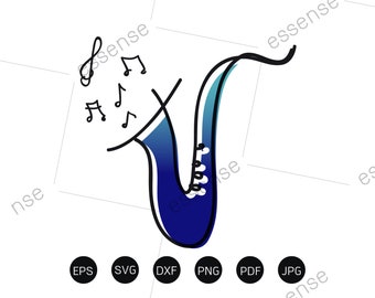 Jazzlogotyp SVG, Saxofon SVG, Musikinstrument SVG, Saxofon Clipart, Saxofonfiler för Cricut, Klippfiler för Silhouette, Dxf, Png, Eps, Pdf